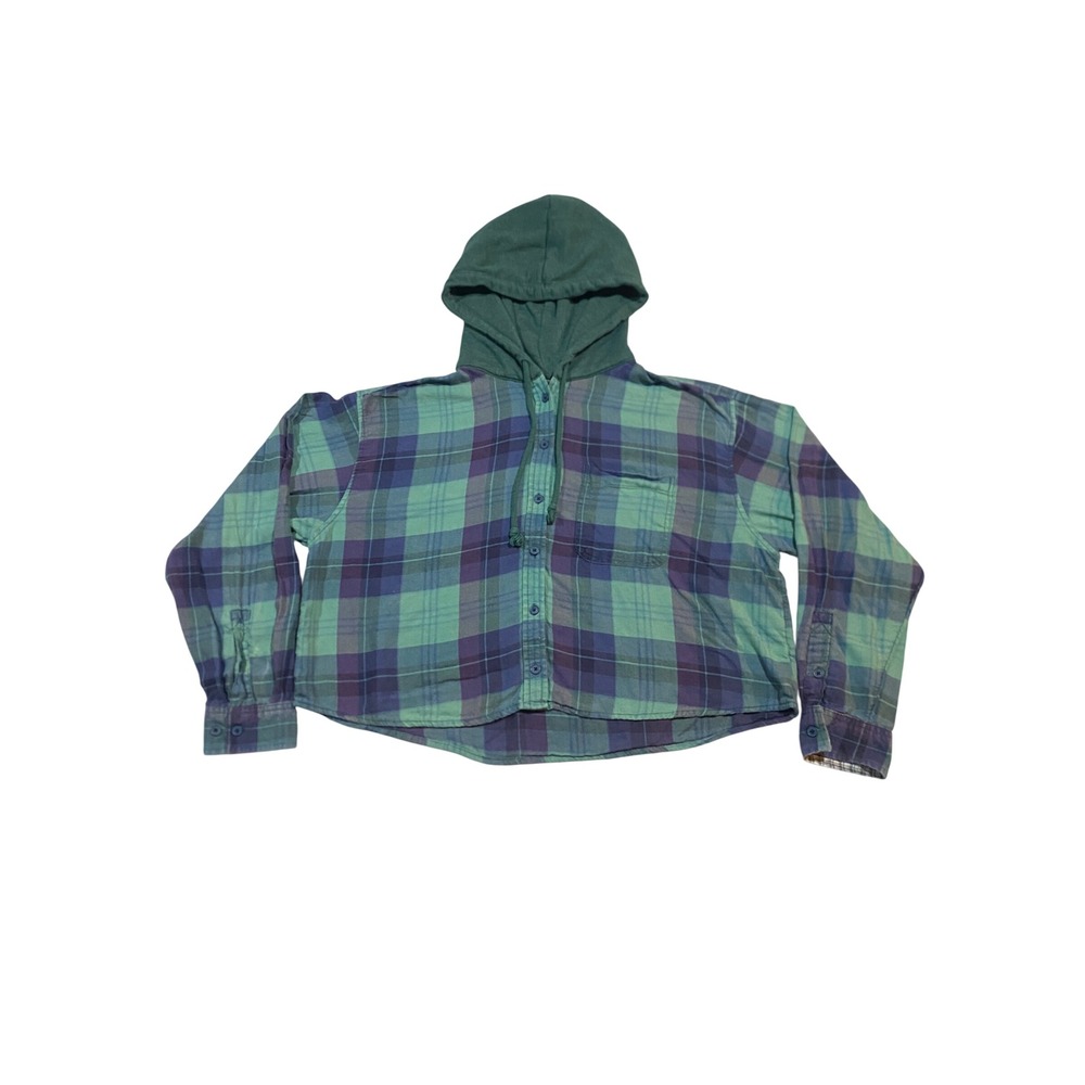 American Eagle Womens XL Green Plaid Hooded Cropped Flannel Shirt 9184282874